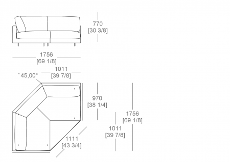 Chaise longue inclinato 45° L. 1756 x P. 1706 mm, cuscino seduta intero, SX-DX