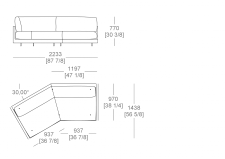 Elemento centrale inclinato 30° L. 2233 x P. 1438 mm, cuscino seduta intero 