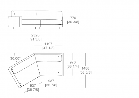 Elemento terminale inclinato 30° L. 2320x P. 1488 mm - bracciolo L. 100 mm, cuscino seduta intero, SX - DX