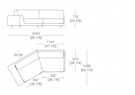 Central element slanted 30° W. 2493 x D. 1588 mm - armrest L. 300 mm, full sitting cushion