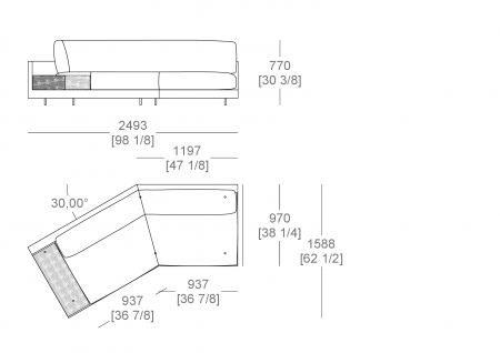 Central element slanted 30° W. 2493 x D. 1588 mm - top support W. 300 X D. 840 mm, full sitting cushion, SX-DX