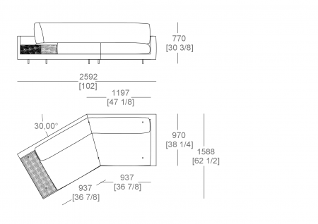 Terminal element slanted 30° W. 2592 mm - top support W. 300 x D. 840 mm, armrest W. 100 mm, full sitting cushion