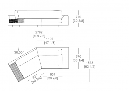 Elemento terminale inclinato 30° L. 2792 mm - piano appoggio L. 300 x P. 840 mm, bracciolo L. 300 mm, cuscino seduta intero