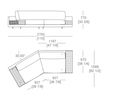 Terminal element slanted 30° W. 2793 mm - top support W. 300 x D. 840/940 mm, full sitting cushion