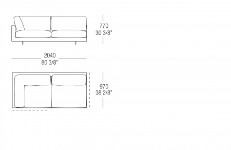 Corner element W. 2040 mm, split sitting cushion SX-DX