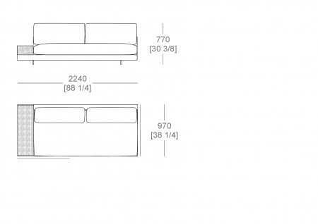 Corner element W. 2240 mm - top support W. 300 D. 840 mm, full sitting cushion SX-DX