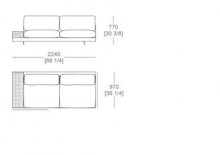 Elemento angolo L. 2240 mm - piano appoggio L. 300 x P. 840 mm, cuscino seduta diviso SX-DX