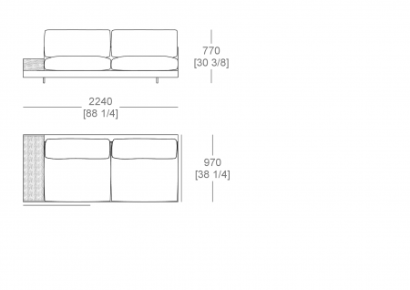 Corner element W. 2240 mm - top support W. 300 D. 840 mm, split sitting cushion SX-DX