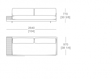 Elemento angolo L. 2640 mm - piano appoggio L. 300 x P. 840 mm, cuscino seduta intero SX-DX