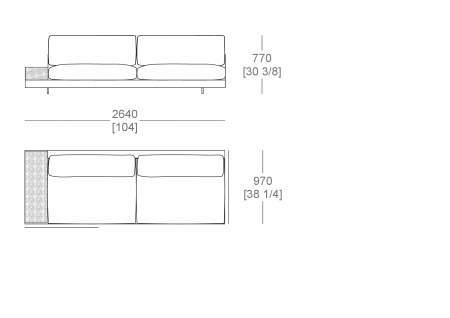 Elemento angolo L. 2640 mm - piano appoggio L. 300 x P. 840 mm, cuscino seduta diviso SX-DX