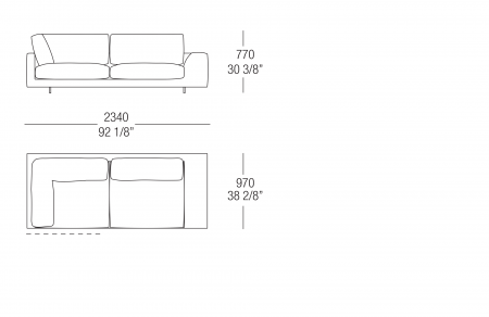 Terminal corner element W. 2340 mm -armrest L. 300 mm, split sitting cushion, SX-DX