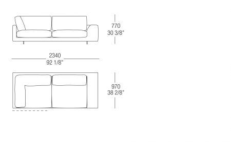 Elemento angolo terminale L. 2340 mm - bracciolo L. 300 mm, cuscino seduta diviso, SX-DX