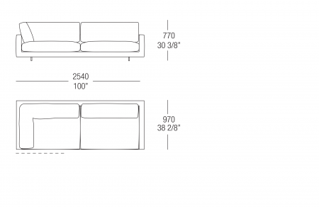 Elemento angolo terminale L. 2540 mm - bracciolo L. 100 mm, cuscino seduta diviso, SX-DX