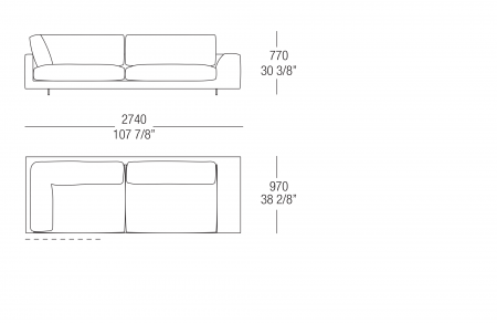 Terminal corner element W. 2740 mm -armrest L. 300 mm, split sitting cushion, SX-DX