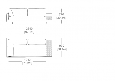 Elemento angolo terminale L. 2340 mm - piano appoggio L. 300 x P. 840 mm, cuscino seduta intero, SX-DX