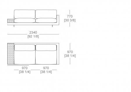 Elemento angolo terminale L. 2340 mm - piano appoggio L. 300 x P. 940 mm, bracciolo L. 100 mm, cuscino seduta diviso, SX-DX