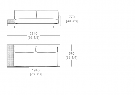 Terminal corner element W. 2340 mm - top support W. 300 x P. 940 mm, full sitting cushion, SX-DX