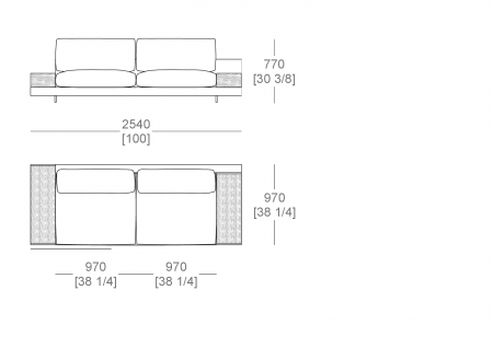 Terminal corner element W. 2540 mm - top support W. 300 x D. 940 mm, top support W. 300 x D. 840, full sitting cushion, SX-DX