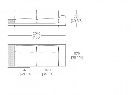 Terminal corner element W. 2540 mm - top support W. 300 x P. 940 mm- armrest W. 300 mm, ful sitting cushion, SX-DX