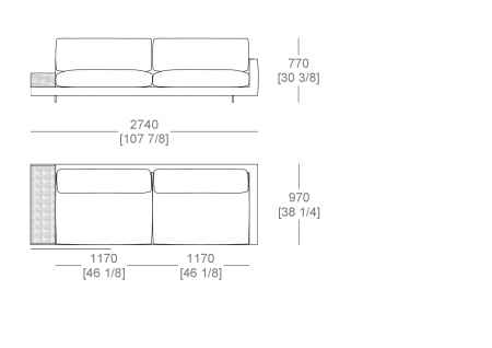 Terminal corner element W. 2740 mm - top support W. 300 x P. 940 mm- armrest W. 300 mm, split sitting cushion, SX-DX