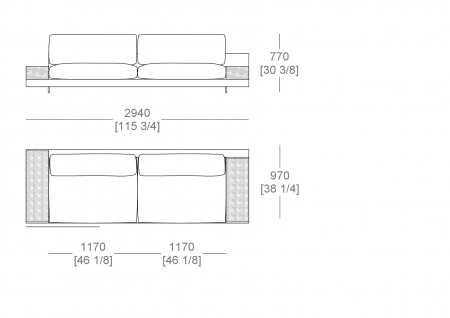 Elemento angolo terminale L. 2940 mm - piano appoggio L. 300 x P. 940 mm, piano appoggio L. 300 x P. 840 mm, cuscino seduta diviso, SX-DX