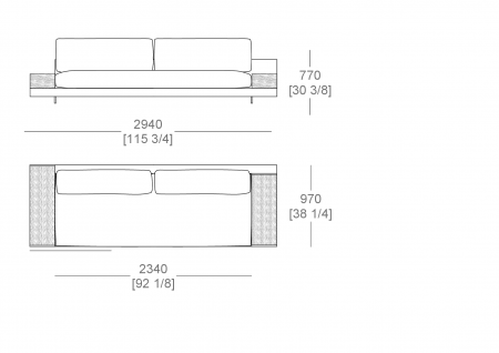 Elemento angolo terminale L. 2940 mm - piano appoggio L. 300 x P. 940 mm, piano appoggio L. 300 x P. 840 mm, cuscino seduta intero, SX-DX