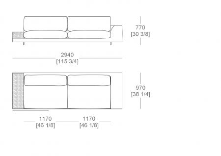 Terminal corner element W. 2940 mm - top support W. 300 x P. 940 mm- armrest W. 300 mm, split sitting cushion, SX-DX