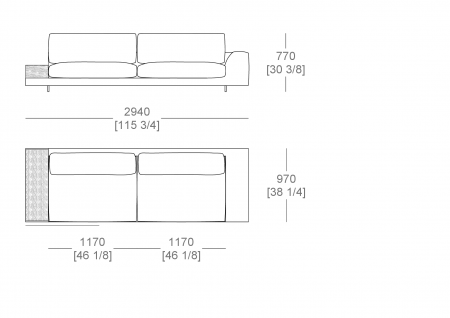 Elemento angolo terminale L. 2940 mm - piano appoggio L. 300 x P. 940 mm - bracciolo L. 300 mm, cuscino seduta diviso, SX-DX