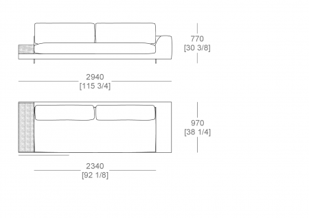 Terminal corner element W. 2940 mm - top support W. 300 x P. 940 mm- armrest W. 300 mm, full sitting cushion, SX-DX