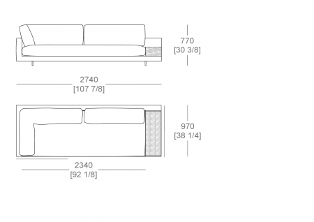 Terminal corner element W. 2740 mm - top support W. 300 x D. 840 mm, full sitting cushion, SX-DX