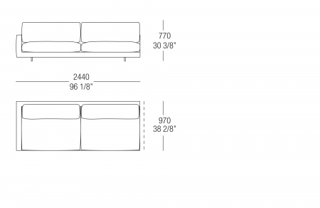 Terminal element W. 2240 mm - armrest W. 100 mm, split sitting cushion, SX-DX