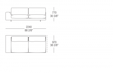 Terminal element W. 2240 mm - armrest W. 300 mm, split sitting cushion, SX-DX