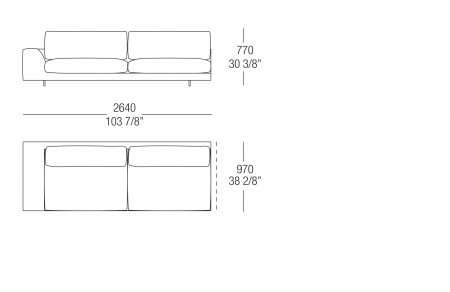 Elemento terminale L. 2640 mm - bracciolo L. 300 mm, cuscino seduta diviso SX-DX