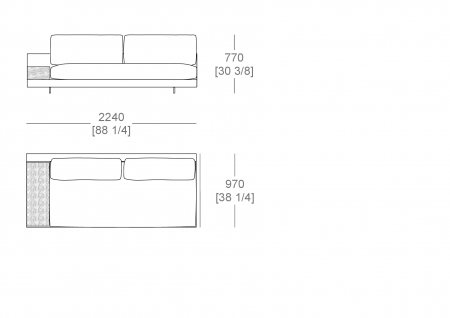 Terminal corner element W. 2240 mm - top support W. 300 x P. 840 mm, full sitting cushion, SX-DX