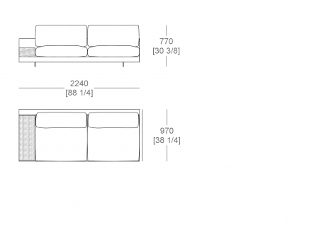 Elemento terminal L. 2240 mm - piano appoggio L. 300 x P. 840 mm, cuscino seduta diviso, SX-DX