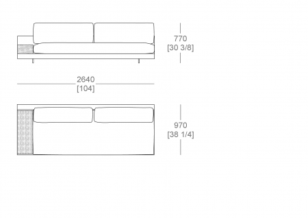 Terminal corner element W. 2340 mm - top support W. 300 x P. 840 mm, split sitting cushion, SX-DX