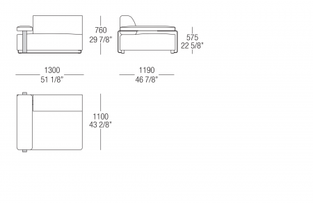 Central and terminal element with armrest W. 1300 mm, SX-DX