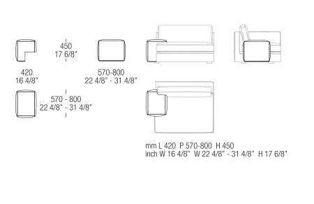 Low armrest W. 420 mm